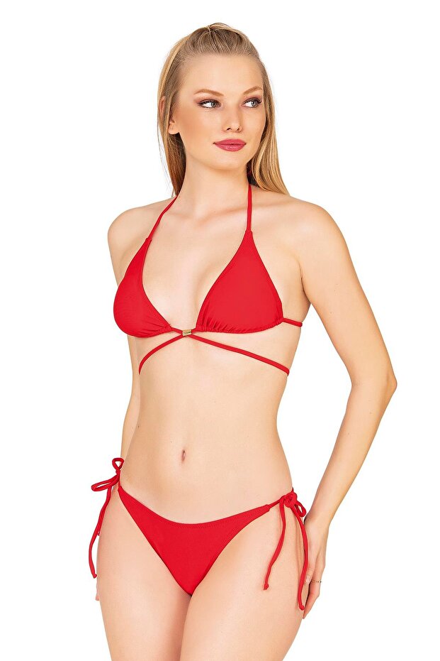 Beria Women's Cross-Tie Detailed Triangle String Red Bikini Set