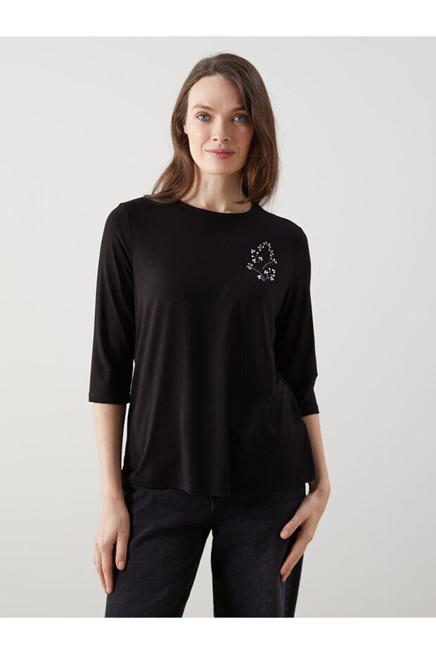 Lcw Grace Black Crew Neck Rhinestone Women's Blouse
