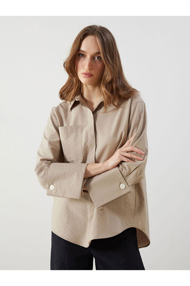 Beige Oversize Poplin Women's Shirt Tunic