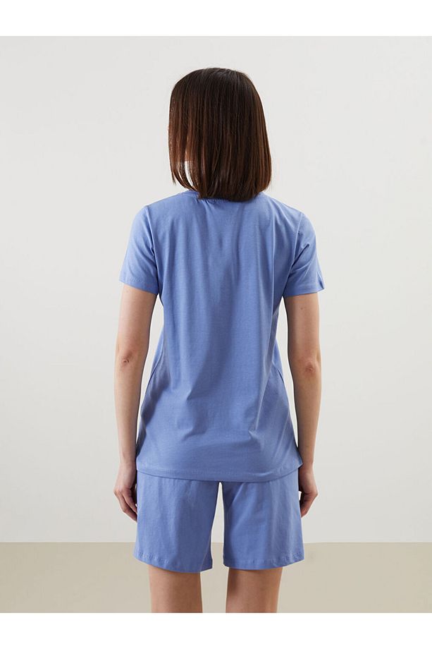 LCW DREAM Mavi Bisiklet Yaka Baskılı Kadın Şortlu Pijama Takımı - 4