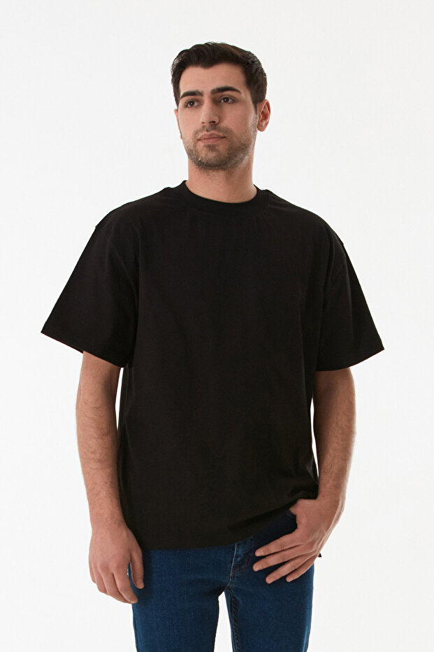 Basic Bisiklet Yaka Oversize Tişört - 1