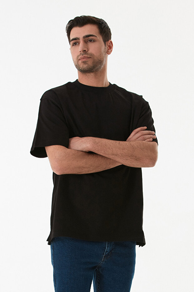 Basic Bisiklet Yaka Oversize Tişört - 2