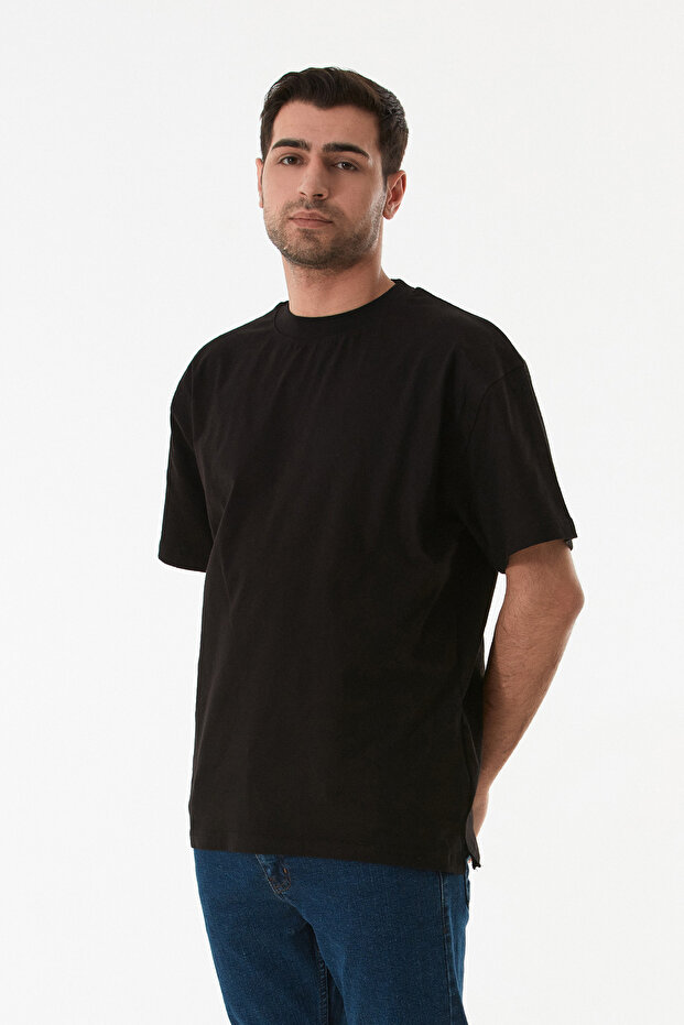 Basic Bisiklet Yaka Oversize Tişört - 3