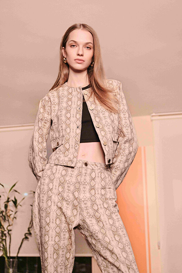 Beige Snake Patterned Buttoned Jacket - 1