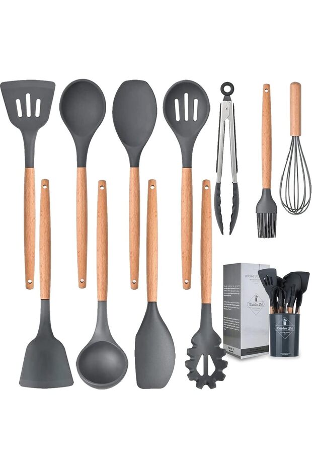 12-piece Silicone Cooking Utensils Set, Wooden Handle, Bpa-free, With Holder - Assorted Color