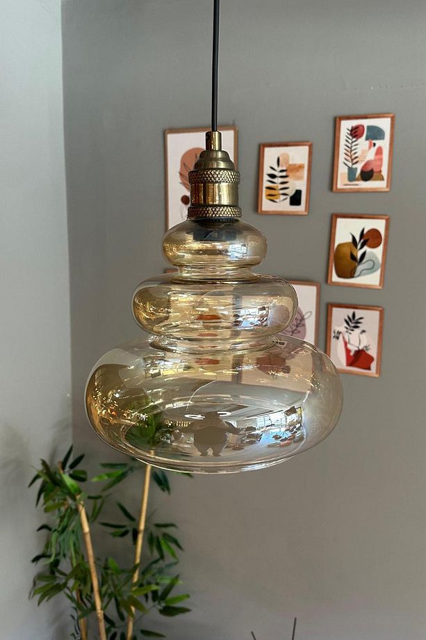 Lily Cam Bal Rengi Tekli Avize Eskitme Lale Başlık Retro Sarkıt Lamba Restoran Salon Aydınlatma - 2
