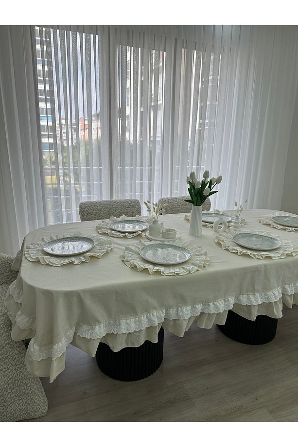 Ham keten Fısto fırfırlı masa örtüsü seti masa örtüsü 6 adet supla - 4