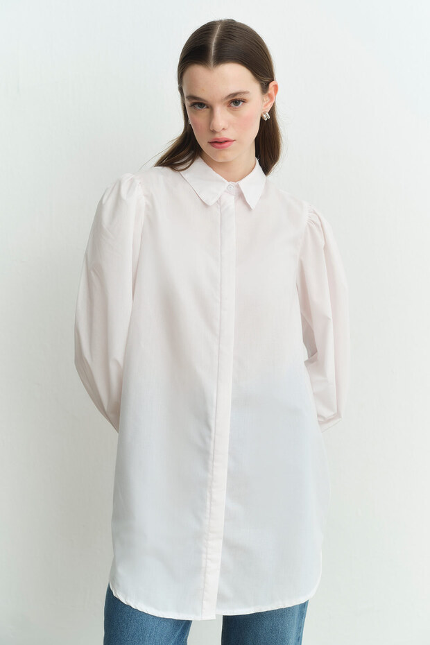 قميص أساسي بأكمام بالون - أبيض - 4