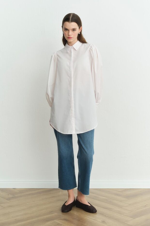 قميص أساسي بأكمام بالون - أبيض - 1