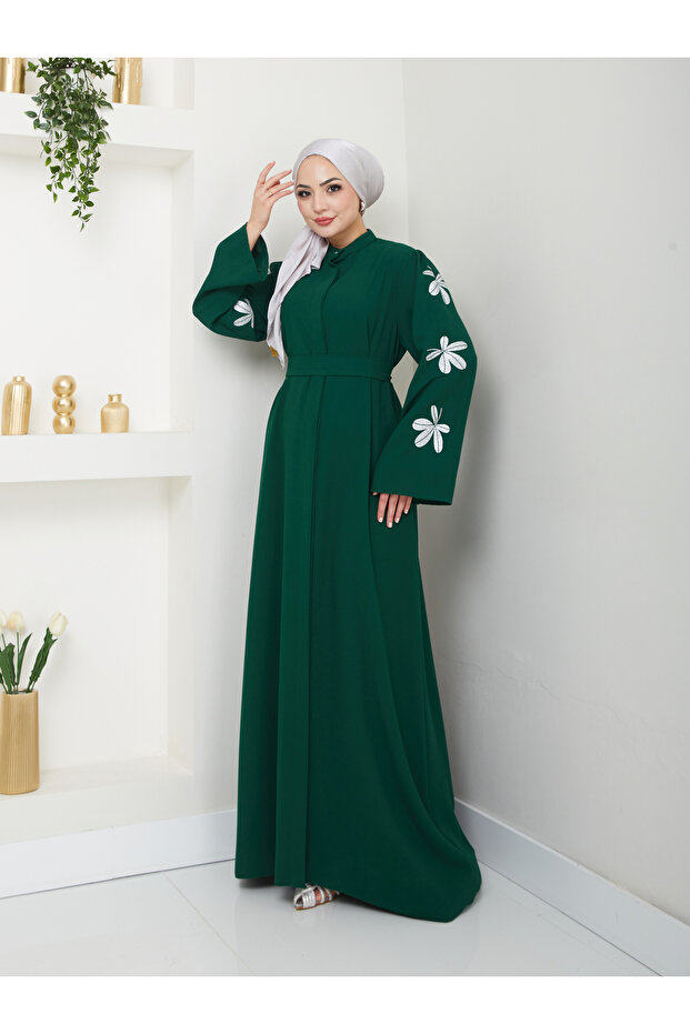Butterfly Print Abaya Tesettür Women's Ferace Dress Emerald