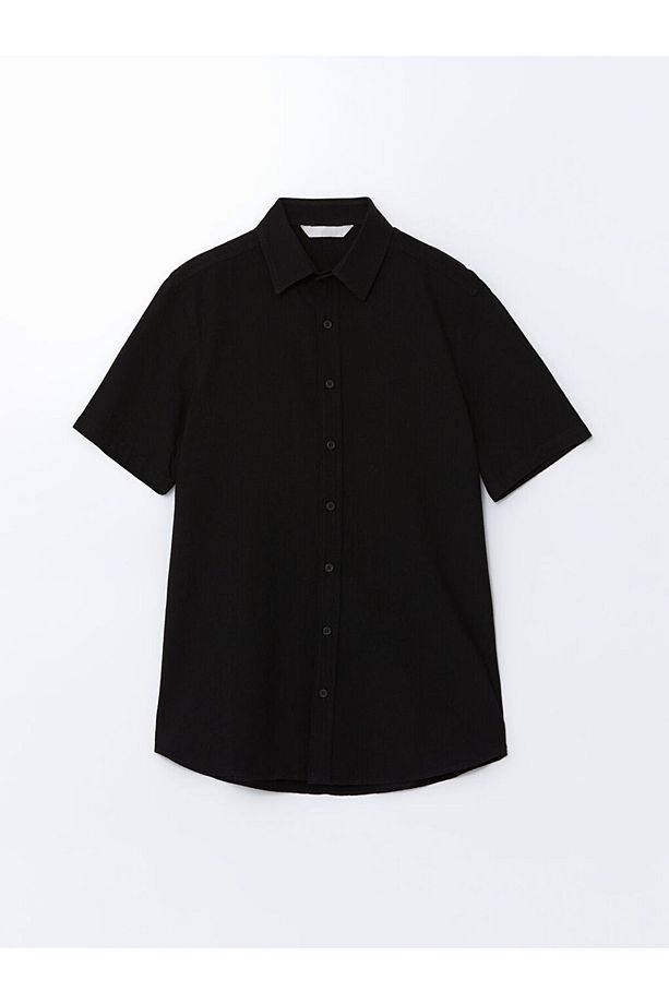 LCW ECO Siyah Regular Fit Kısa Kollu Keten Karışımlı Erkek Gömlek - 5