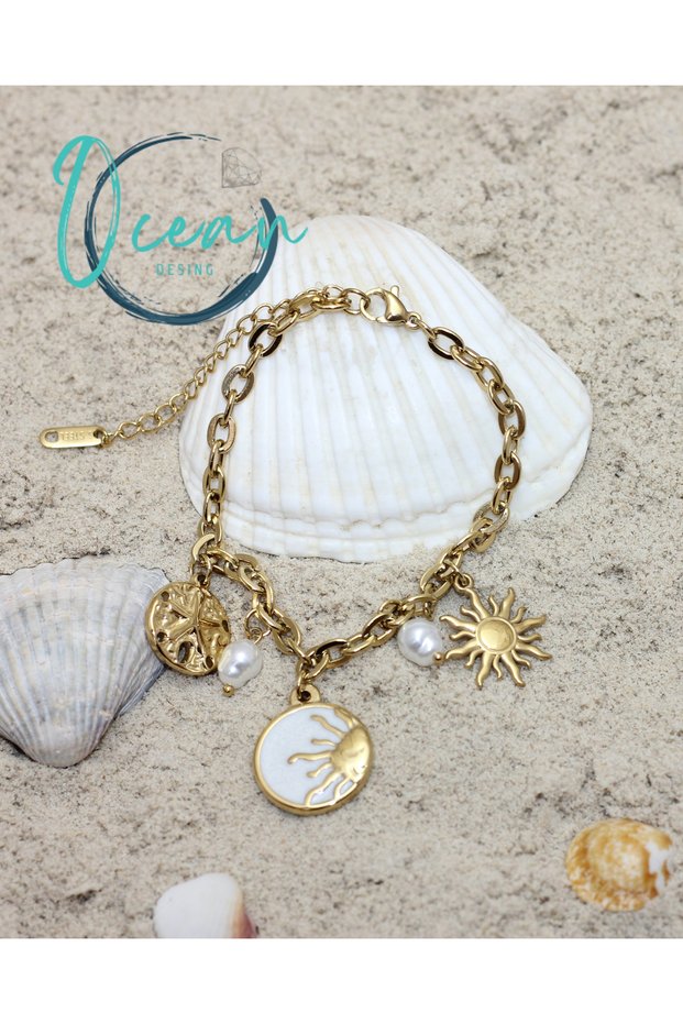 Steel Gold Color Chain White Pearlescent Sun Model Pearl Detail Women's Bracelet