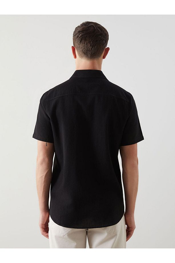 LCW ECO Siyah Regular Fit Kısa Kollu Keten Karışımlı Erkek Gömlek - 4