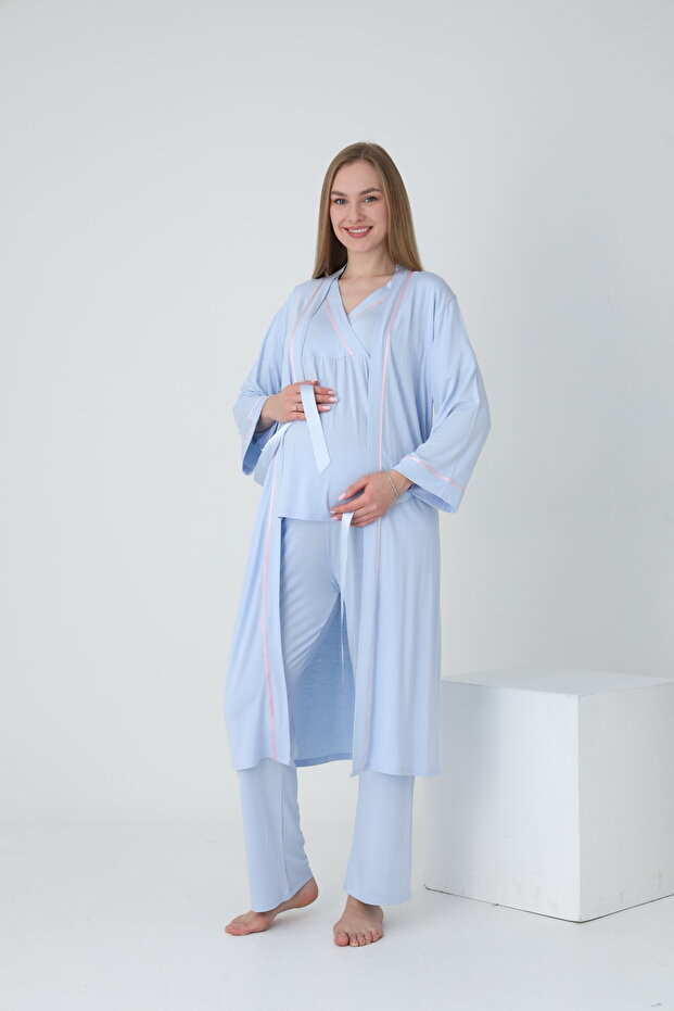 Bathrobe Striped Detail Maternity and Postpartum Pajama Set