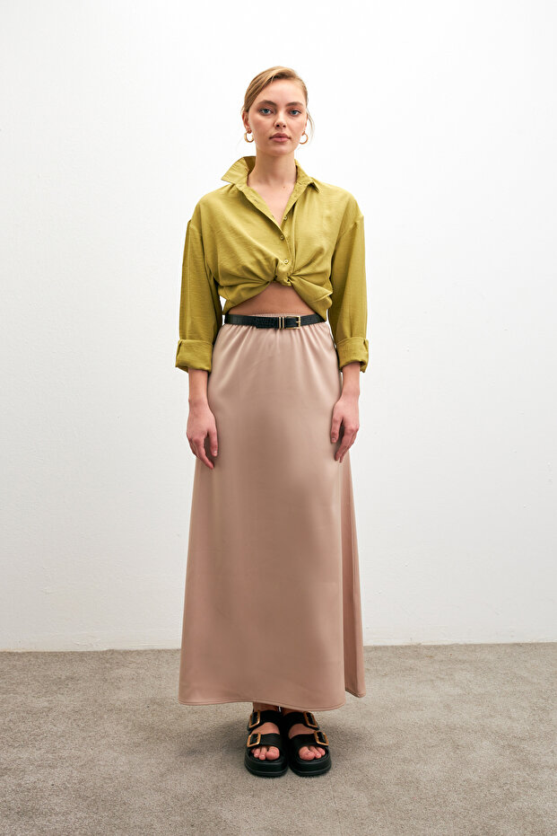 Women's Cream Elastic Waist Flowy Satin Flared Skirt