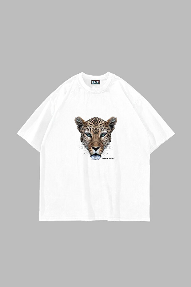 تي شيرت أبيض كبير الحجم مطبوع عليه Leopard Stay Wild للجنسين
