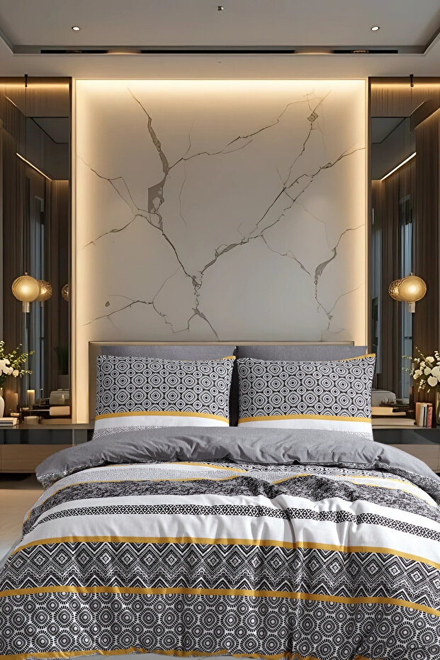 Çift Kişilik Lastikli Çarşaflı Pamuklu Nevresim Takımı | Tam Takım Sarı Detay - 2