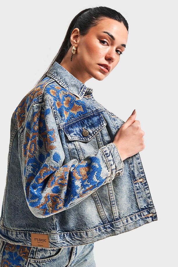 Kadın T.Kot Rengi 4S5-32 Nakış Detaylı %100 Koton Tasarım Denim Ceket - 1