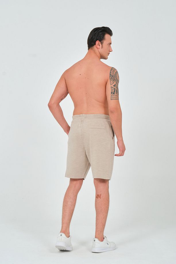 Unisex Relaxed Fit Esnek Tok Kumaş Koyu Bej Triko Örme Şort - 2