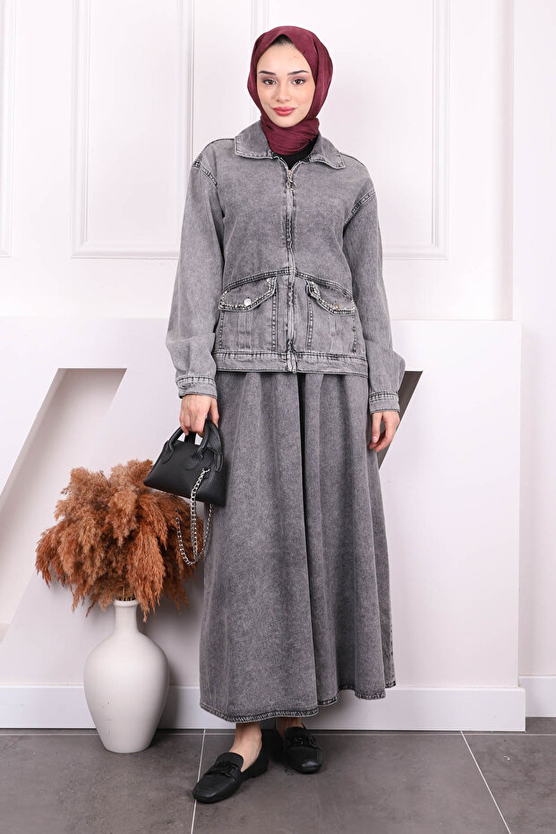 Smoked Pocket Stone Jacket Skirt Denim Suit