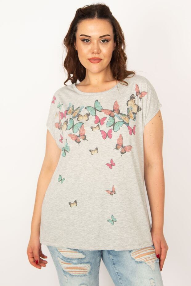 Women's Large Size Gray Butterfly Printed Low Sleeve Blouse 65n33290 - 5