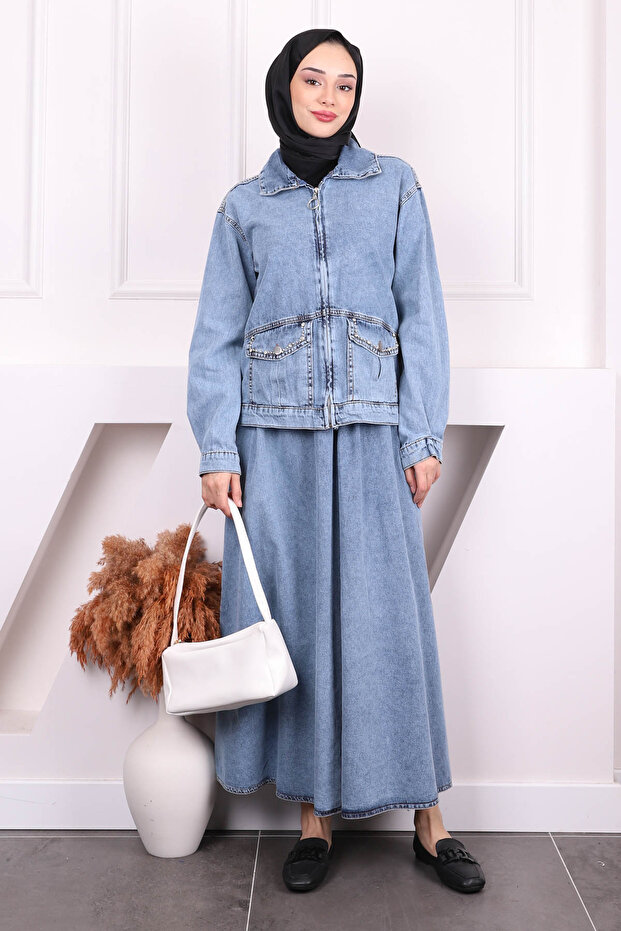 Blue Pocket Stone Jacket Skirt Denim Suit