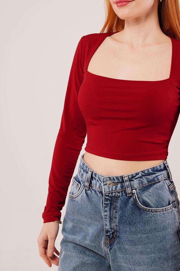 Square Collar Basic Burgundy Blouse - 2