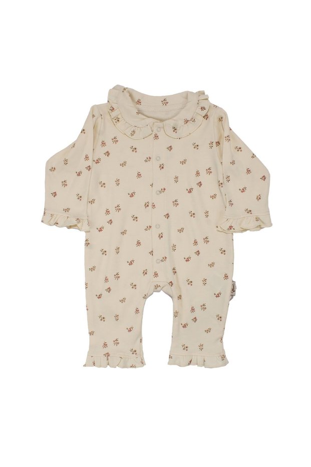 Baby Girl Ecru Little Floral Sleeves Ruffled Baby Collar Snap Jumpsuit