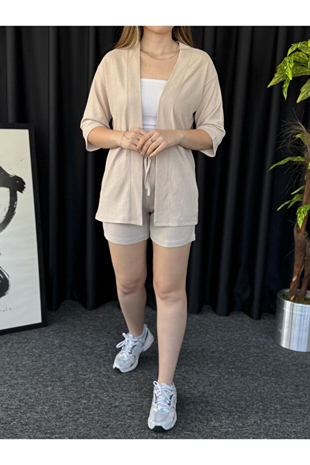Women's Beige Wrap Kimono Shorts Bottom Top Set