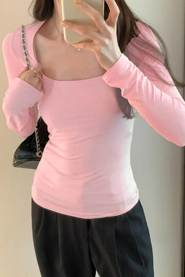 Pembe Basic Y2K Uzun Kollu Crop - 1