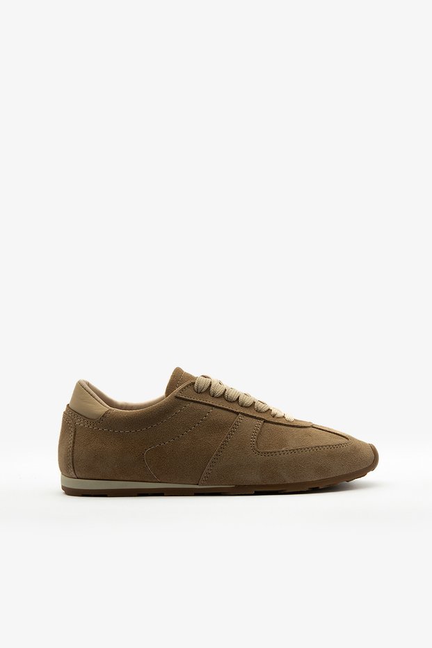 Beige Genuine Leather Suede Lace-Up Women's Sneaker Sports Shoes