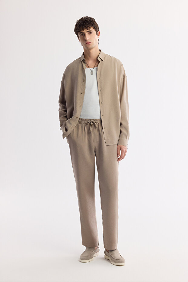 Men's Beige Elastic Waist Lace-Up Soft Touch Relaxed Fit Trousers A51Y3031
