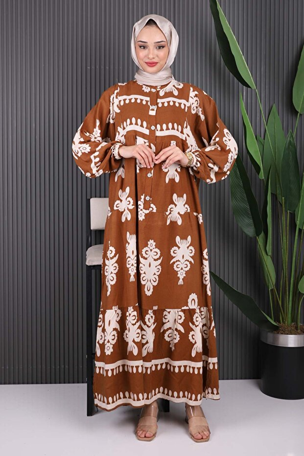 فستان فيسكون بنصف زر منقوش باللون البني - 2