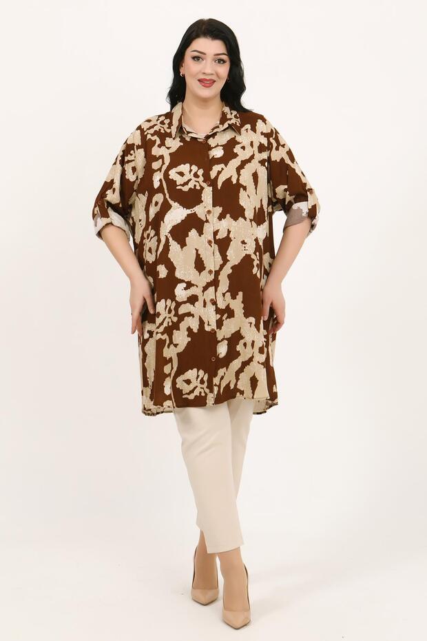 Women's Tan Color Patterned Cotton Viscose Large Size Tunic