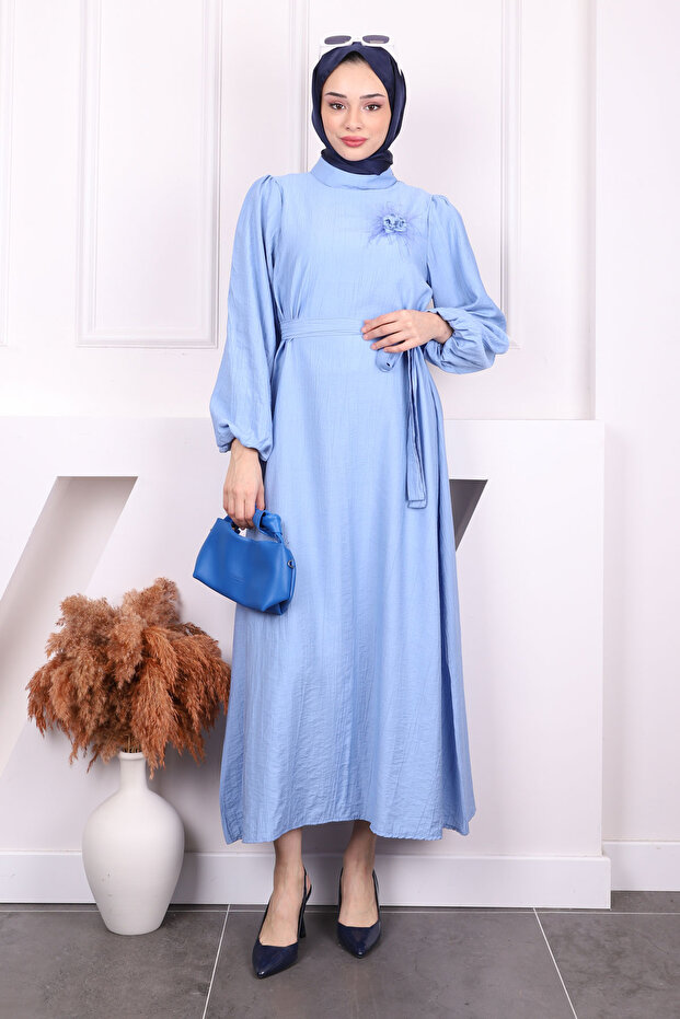 Baby Blue Balloon Sleeve Belted Dress