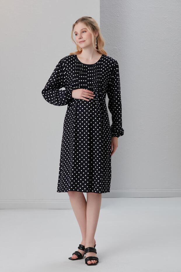4502-nervoured Collar Polka Dot Viscose Maternity Tunic-dress