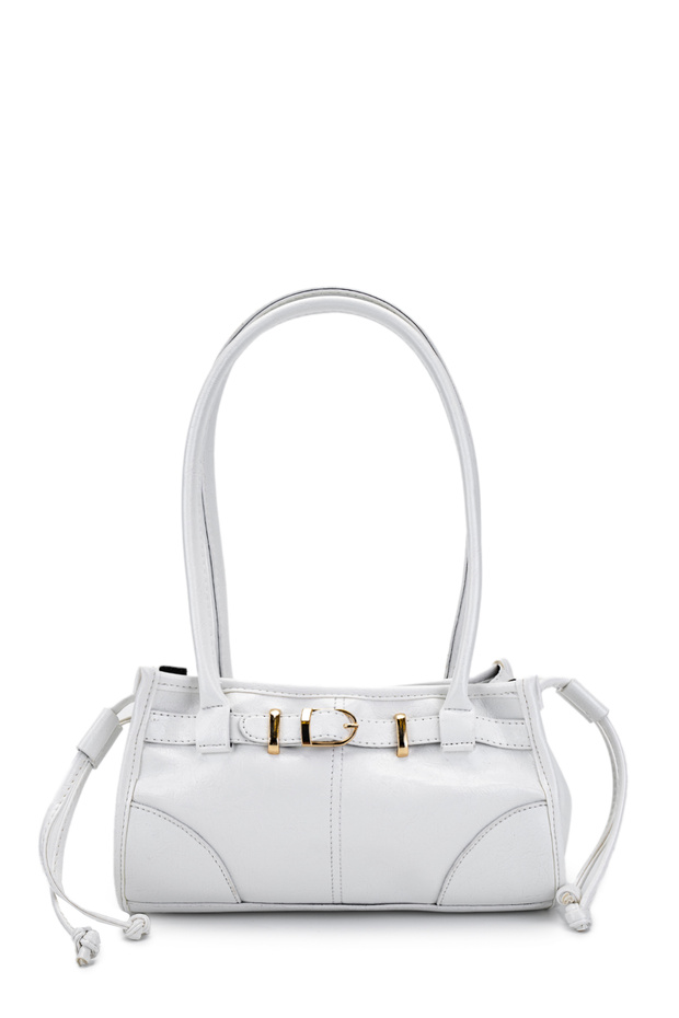 White Leather Women's Shoulder Bag - Belt Detail and Faux Bristle