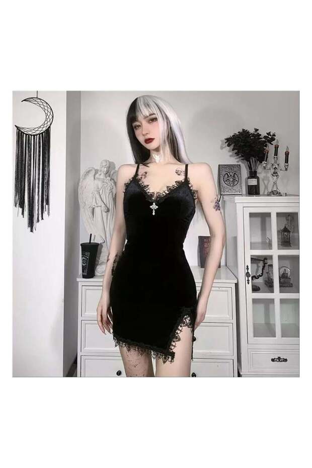 Black Gothic Cross Necklace Slit Detail Sling Dress