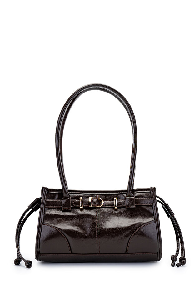 Keserűbarna színű műbőr női válltáska - övvel és szőrös díszítéssel - 1