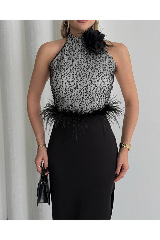 Women's Rose Detailed Sequined and Otrishi Evening Dress