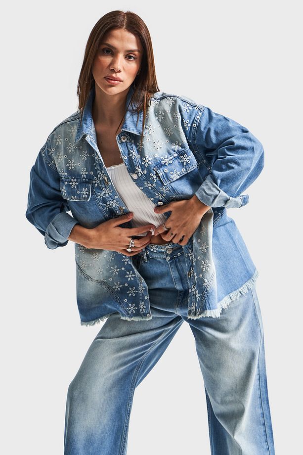Kadın Mavi Kot Rengi 2S5-75 Çiçek Nakışlı Oversize %100 Koton Tasarım Denim Gömlek - 5