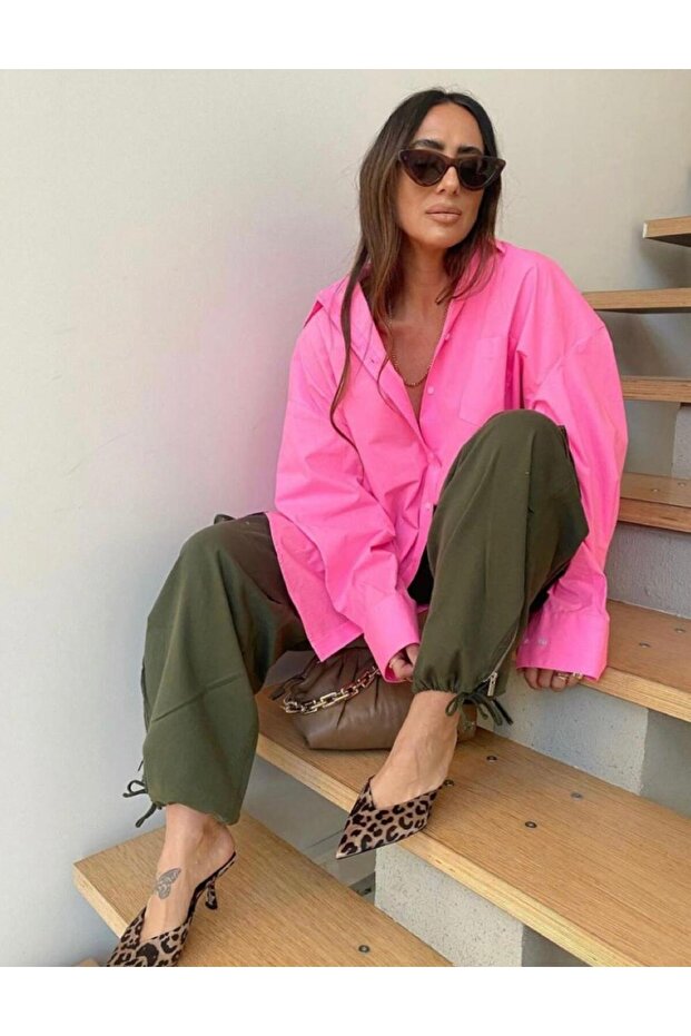 Pembe Poplin Oversize Gömlek