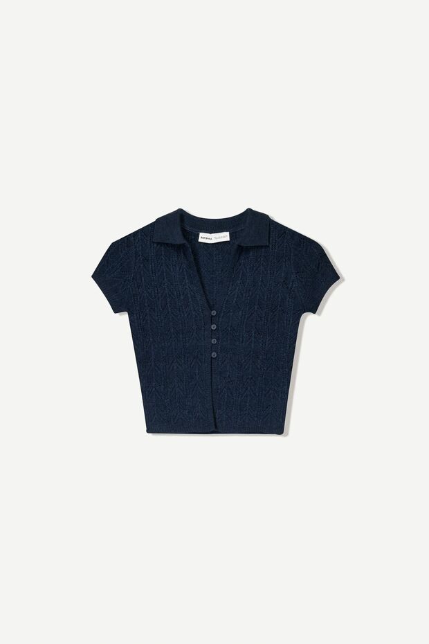 Düğmeli, kısa kollu ve ajurlu t-shirt - 1