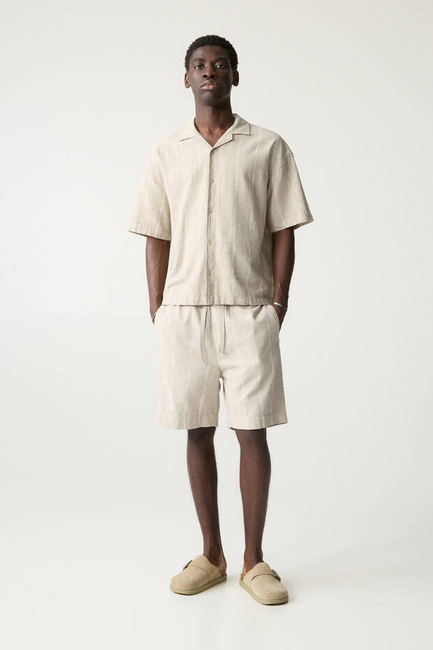 Çizgili ve keten karışımlı jogger bermuda - 1