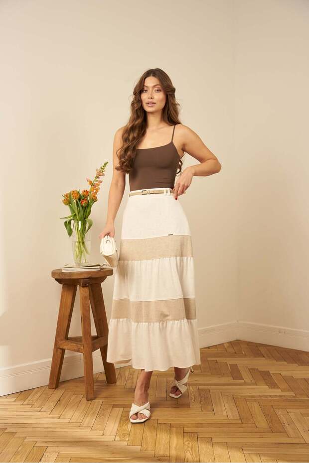 Bej Bloklu Maxi Etek - 1