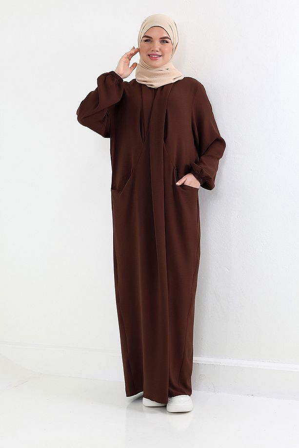 Çift Cepli Casual Bihter Çapraz Elbise Acı Kahve - 8