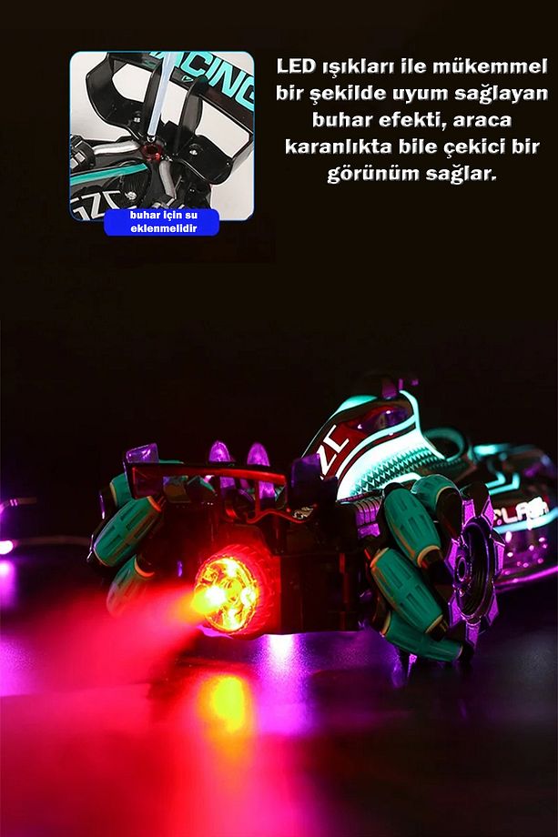 Light Spray Racing Car 2.4ghz Arkası Işık Ve Buhar Efektli Uzaktan Kumandalı Yarış Arabası 36cm Sarı - 4