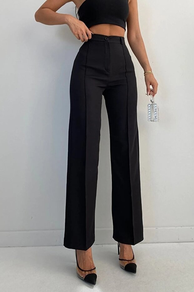 Women's Black Front-Seam High-Waist Palazzo Pants
