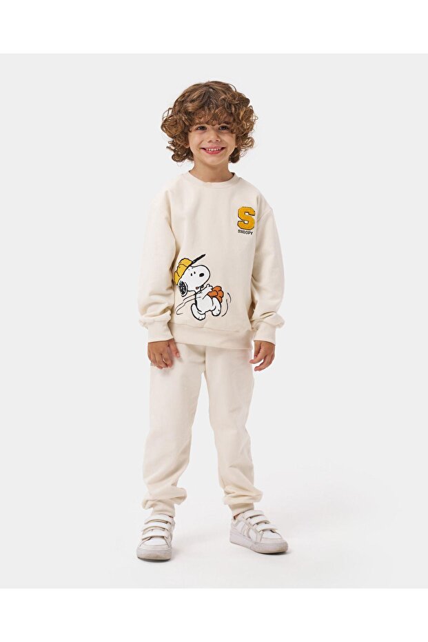 Boys' Cotton Snoopy Patterned Cotton Sweatshirt Tracksuit Top and Bottom Set