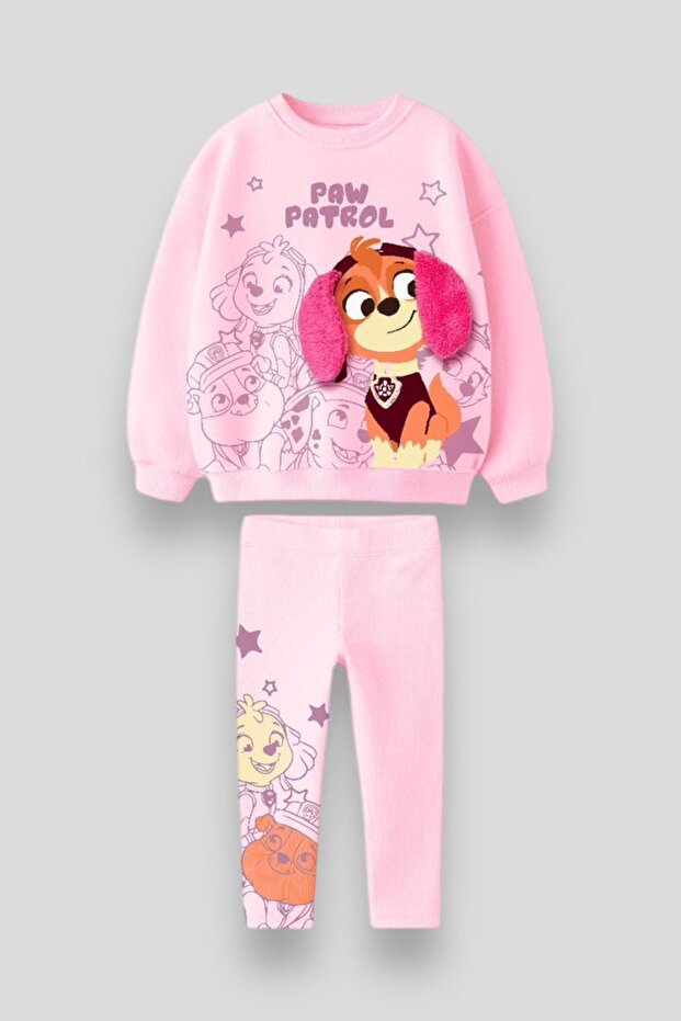 Pink Paw Petrol Patterned Girl's Sweatshirt and Tights - 3 Thread Cotton Set